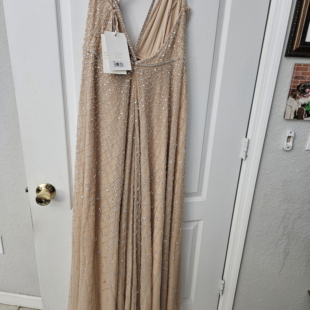 Mac Duggal 93701 Plunging V-Neck Empire Waist A-Line Dress Nude Silver Sz 10 NWT - Picture 7 of 8